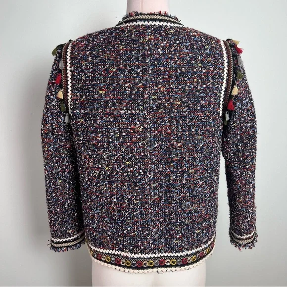 Zara Woman Tweed Blazer Jacket Small Multicolor Parisian Chic Tassel Fringe Pom - Picture 11 of 15